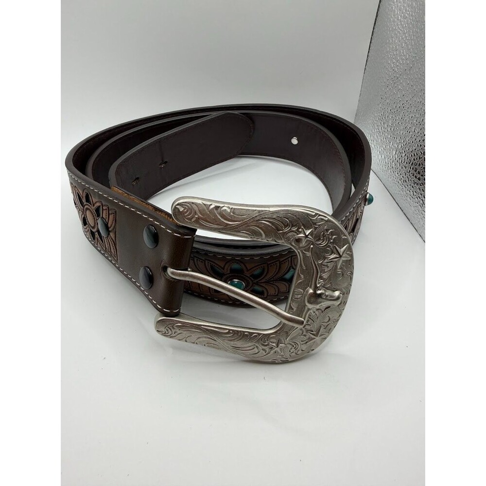 Women’s Western Floral Belt Brown Turquoise Accents 48" Removable Buckle